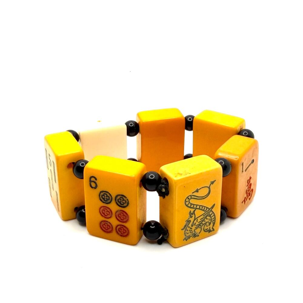 Vintage 1950s Yellow Cream Bakelite Catalin Mahjong Tile Stretch Bracelet